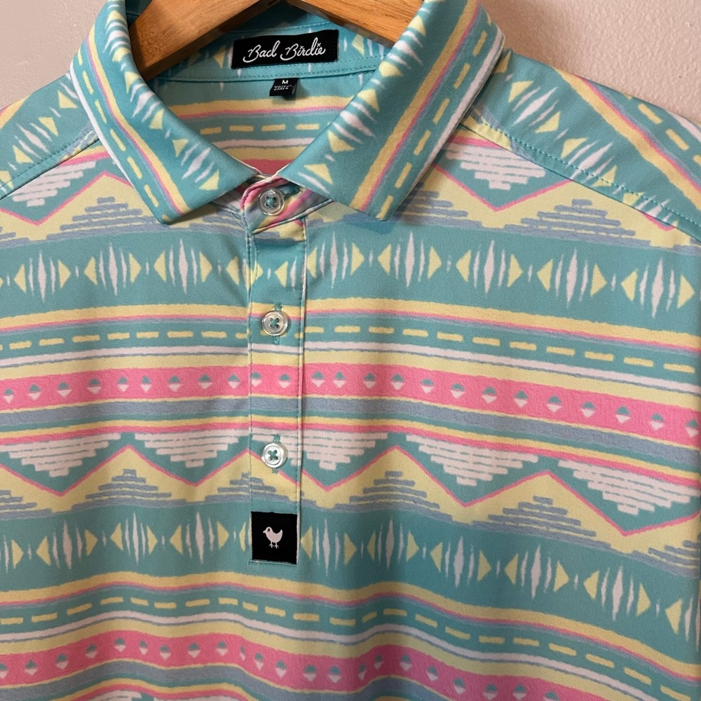 Bad Birdie Polo Shirt Mens M Aztec Geometric Print Golf‎ Stretch Performance